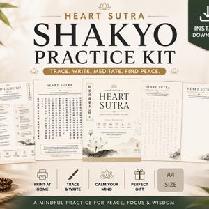 Puede incluir: Un kit de práctica Shakyo del Sutra del Corazón con varias páginas imprimibles que incluyen caligrafía, guías de instrucciones e ilustraciones de loto. El kit contiene texto en inglés y japonés, una portada central, hojas de práctica y una plantilla.