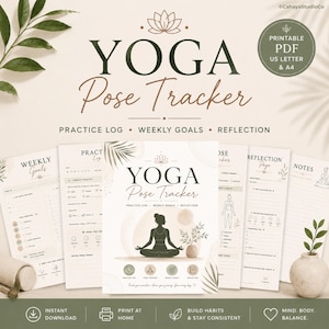 May include: A printable Yoga Pose Tracker PDF set featuring a practice log, weekly goals, and reflection pages. The documents have a beige background with dark green text and botanical illustrations, including a silhouette of a person meditating.