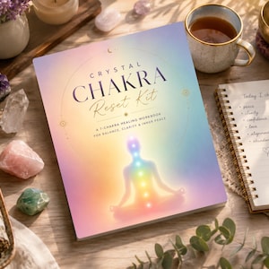 以下が含まれることがあります： Crystal Chakra Reset Kit: A 7-Chakra Healing Workbook for Balance, Clarity & Inner Peaceというタイトルのワークブック。表紙はパステルカラーのグラデーションで、中央に座って瞑想する人物のシルエットが描かれています。