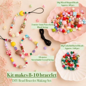 May include: A DIY bead bracelet making kit with colorful beads, string, and finished bracelets. The kit includes 50g of mixed-shaped beads, 30g of colorful barrel beads, 5-meter black string, and 10-meter crystal string. The kit makes 8-10 bracelets.