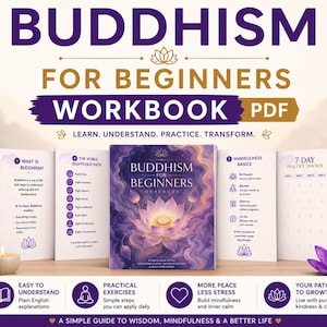 Puede incluir: Un libro de ejercicios PDF sobre budismo para principiantes con una portada de loto púrpura, mostrado junto a páginas abiertas que detallan el Noble Camino Óctuple, los fundamentos de la atención plena y un rastreador de 7 días.