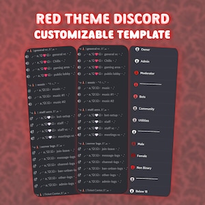 Puede incluir: Una plantilla digital para servidores de Discord con un tema rojo. La imagen muestra tres maquetas de la interfaz de Discord, mostrando varias secciones del servidor y opciones de personalización. El texto incluye categorías de servidor y roles de usuario.