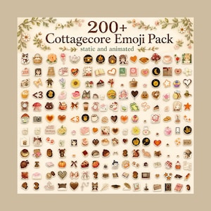 Puede incluir: Una colección de más de 200 emojis con temática cottagecore, tanto estáticos como animados. Los emojis presentan varios diseños, incluyendo animales, comida y elementos de la naturaleza, en una paleta de colores suaves y pastel. El texto "200+ Cottagecore Emoji Pack" se muestra en la parte superior.