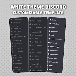 May include: A digital graphic showcasing a customizable Discord template with a white theme. The design features three dark gray panels displaying various commands and options, including roles, announcements, and chat settings. The text "WHITE THEME DISCORD CUSTOMIZABLE TEMPLATE" is at the top.