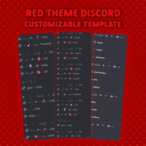 May include: A red-themed Discord customizable template is displayed against a red dotted background. The template showcases various interface elements, including chat commands and user roles, with text such as "buy", "mail", and "admin".