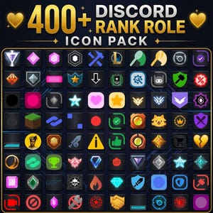 May include: A digital collection titled 400+ DISCORD RANK ROLE ICON PACK featuring a grid of diverse square icons. The icons display various symbols including hearts, stars, shields, gems, tools, and gaming emblems in vibrant colours on black.