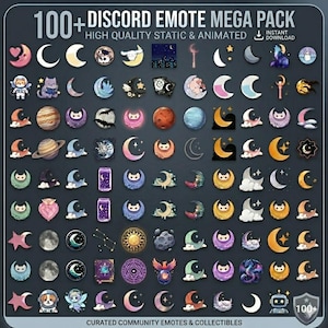 Può includere: Una raccolta di oltre 100 emote di Discord con varie lune crescenti, pianeti, stelle e altri disegni a tema celeste. Il testo recita "100+ Discord Emote Mega Pack" e "High Quality Static & Animated".
