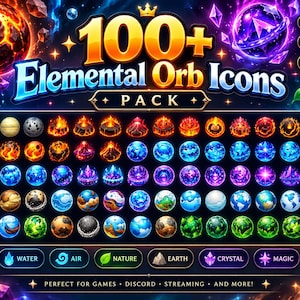 May include: A digital collection titled 100+ Elemental Orb Icons Pack featuring a grid of colourful spherical icons representing fire, water, air, nature, earth, crystal, magic, and space elements, displayed against a dark background with glowing effects.