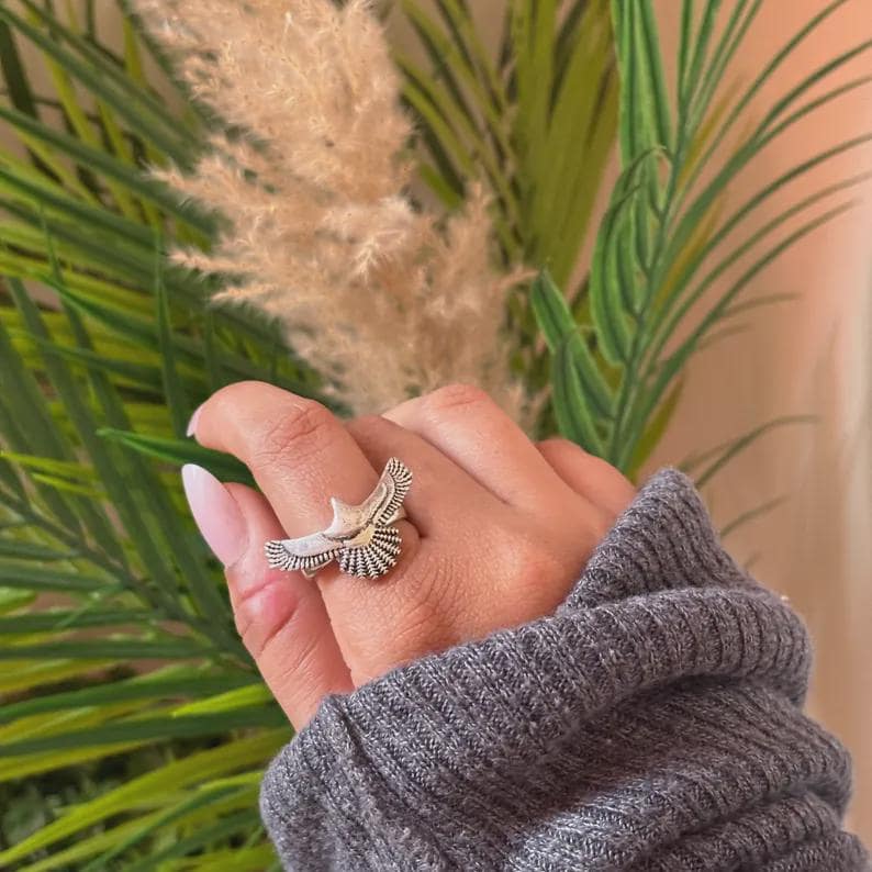 Owl Wing 925 Sterling Silver Ring, Oxidized Bird Wing Ring, Boho Statement Silver Ring, Adjustable A