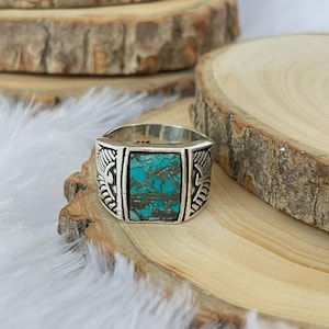 Handcrafted Turquoise Stone Men's Ring – Boho Tribal Sterling Silver Design | Unique Statement Ring