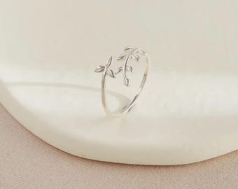 Sterling Silver Olive Leaf Ring, Adjustable Botanical Branch Jewelry