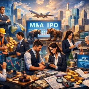 Peut inclure: Illustration sur le thème de la finance avec des personnes en costume, des écrans d'ordinateur affichant des graphiques boursiers et le texte "M&A IPO". L'image comprend un globe, un avion et un paysage urbain, suggérant un contexte commercial ou d'investissement.