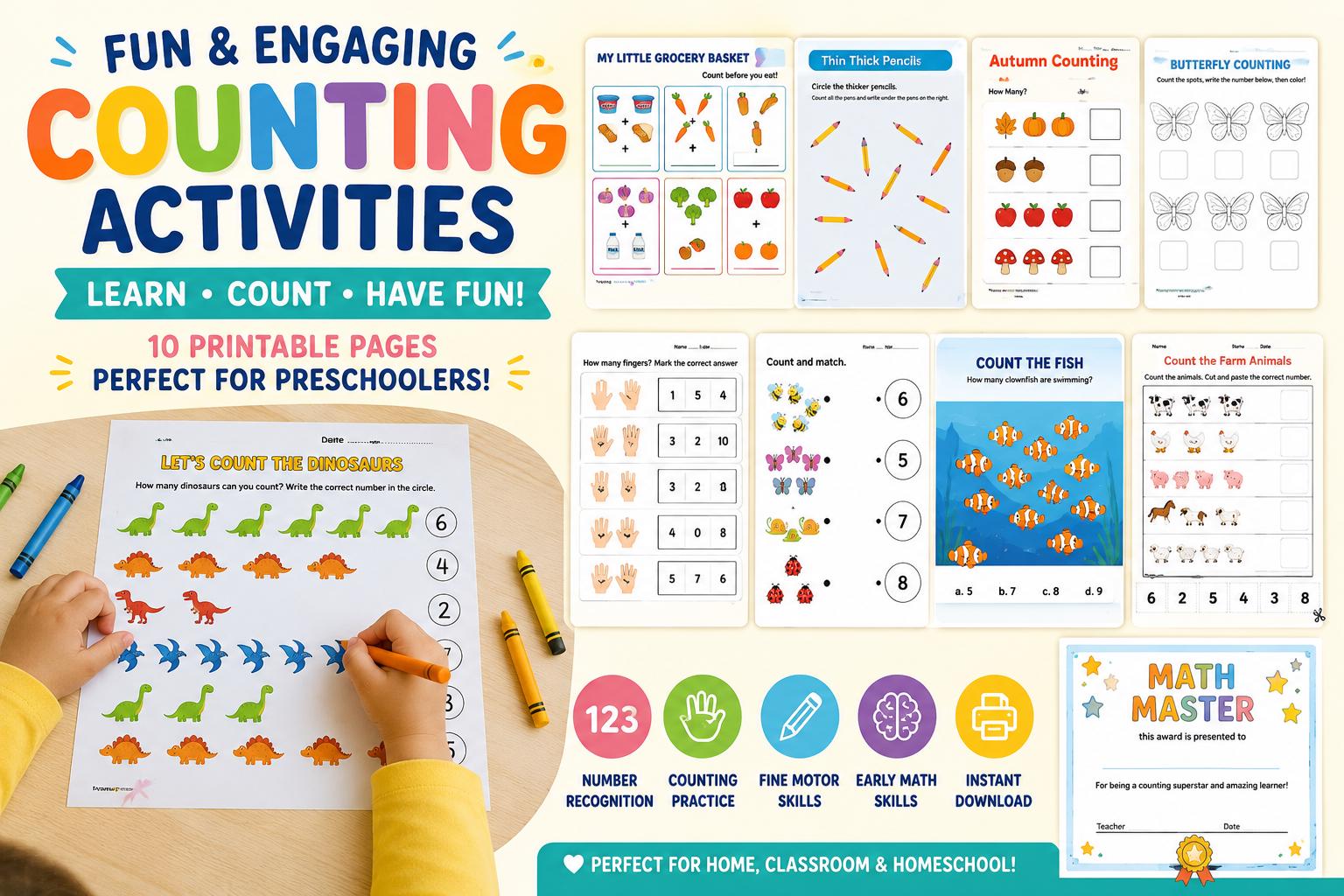 Animal Counting Worksheet for Kids, Preschool Math Activities ...