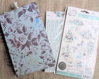 Journal Spiral Bound Hand Made With Accessories Aqua and Gray