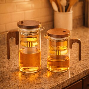 May include: Two glass teapots with wooden lids and handles. The teapots have a clear glass body with a metal infuser and are filled with amber-colored tea. The wooden handles are curved, and the teapots are on a countertop.