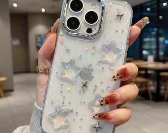 Funda transparente con purpurina y diseño de estrella 3D para iPhone. Protector a prueba de golpes.