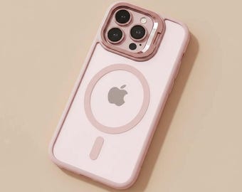 Funda magnética transparente para iPhone con soporte metálico y tapa de lente para MagSafe