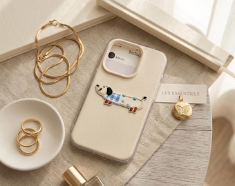 Funda para teléfono con bordado de perro salchicha, textura de cuero minimalista, iPhone 17 16 15 14 13