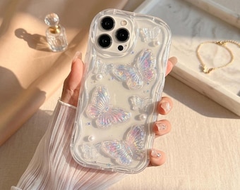 Funda para iPhone 3D con diseño de mariposa, cristal transparente, purpurina, perlas y resistente a los golpes.