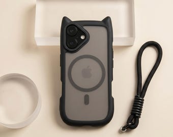 Funda protectora transparente MagSafe con orejas de gato para iPhone con correa para la muñeca.