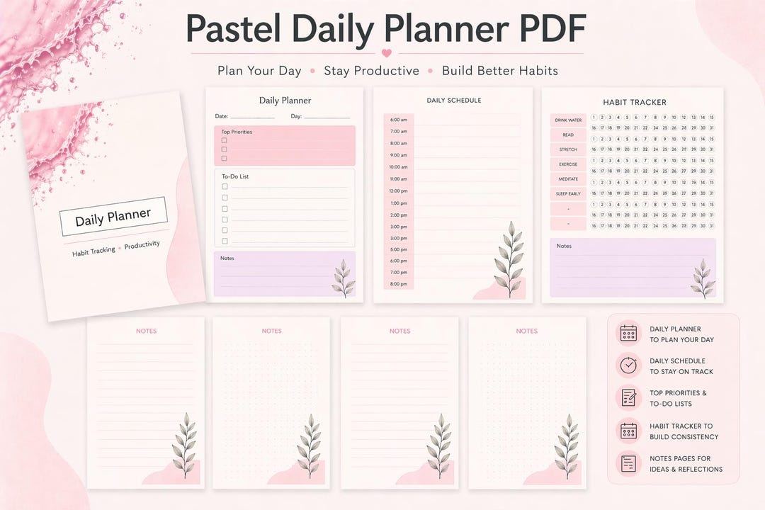 Pastel Daily Planner Printable | Aesthetic Pink Planner PDF | Cute ...
