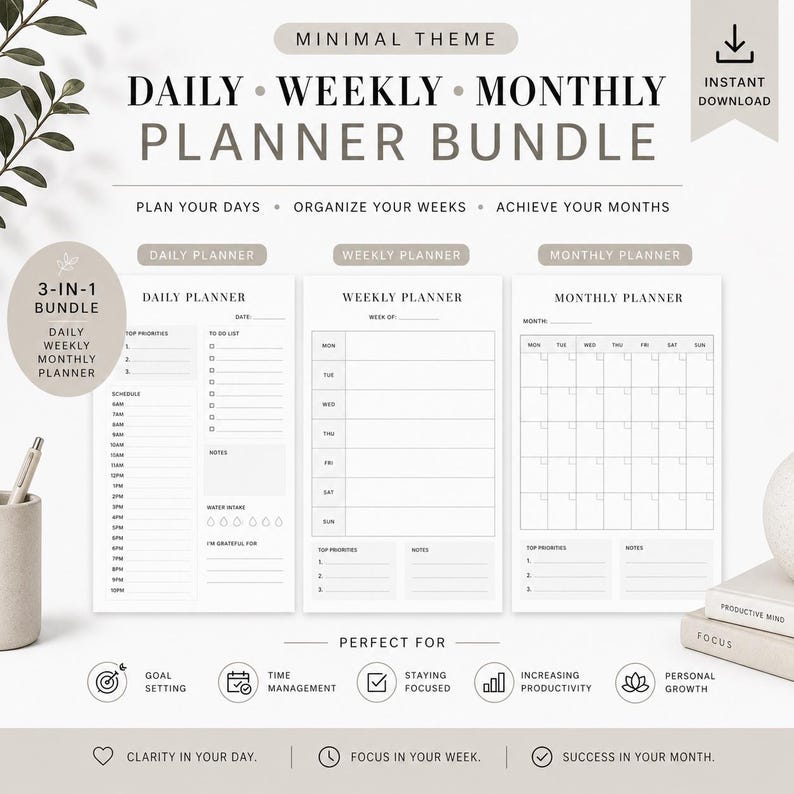 Minimal Planner Bundle Printable PDF | Daily Weekly Monthly Planner ...