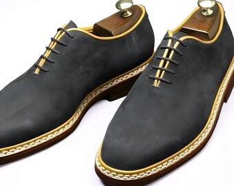 Handmade Men's Formal Lace Up Round Toe Dress Shoes, Real Suede Office Shoes