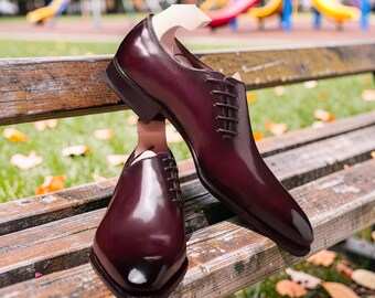 Men Handmade Leather Dress Shoes Maroon Oxford Pointed Toe Lace Up Formal Shoe