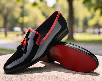 Christian louboutin Handmade New Men's Black Patent Leather Loafers With Tassel, Formal Dress Shoes
