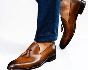 Nuovo mocassino con nappe Chaplin da uomo fatto a mano in marrone, mocassino con nappe in pelle di vacchetta