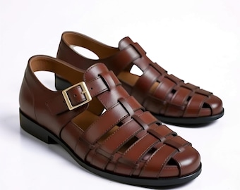 Handmade Men’s Brown Leather Sandals – Classic Buckle Fisherman Style Shoes, Gift for Him