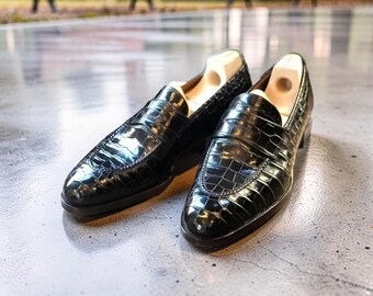 Men's Black Crocodile Texture Leather Loafers – Bespoke Handmade Shoes