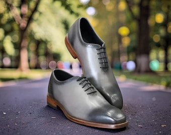 Handmade Gray Leather Oxford Dress Shoes, Men's Formal Footwear