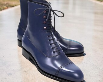 Handmade Navy Blue Calf Leather Cap Toe Dress Boots