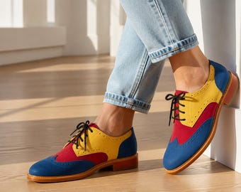 Handmade Leather Oxford Shoes, Multi Color Block Wingtip Brogues, Vibrant Blue Red Yellow Dress Shoes, Custom Vintage Spectator Shoes