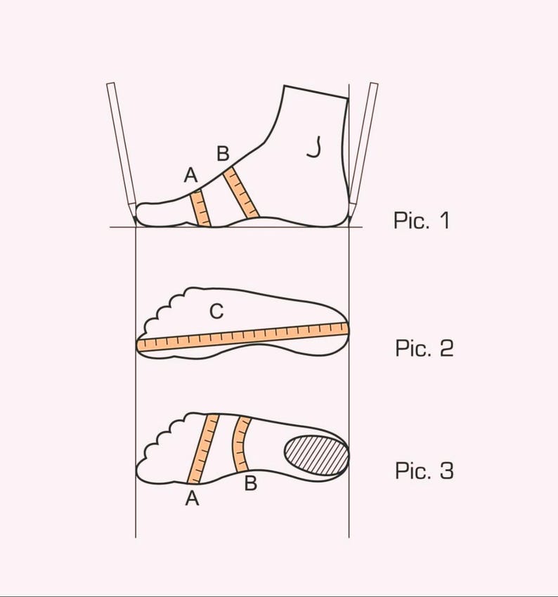 Peut inclure: Sch&eacute;ma illustrant les techniques de mesure du pied pour le choix de chaussures. L'image pr&eacute;sente trois vues diff&eacute;rentes d'un pied avec des points de mesure &eacute;tiquet&eacute;s A, B et C, ainsi que le texte "Pic. 1", "Pic. 2" et "Pic. 3".