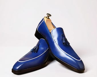 Handmade Men Blue Moccasin Tassels Business Shoes, Real Leather Office Shoes