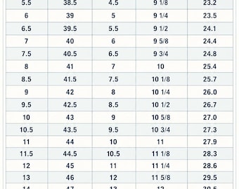 May include: A shoe size conversion chart titled MEN'S SHOE SIZE CONVERSION CHART. The table lists US, EU, and UK sizes alongside foot length measurements in inches and centimeters. It includes illustrations of a blue and a brown dress shoe.