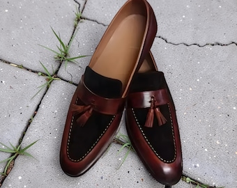 Handmade Men Two Tone Shoes, Brown Leather And Suede Shoes, Moccasin, Dress