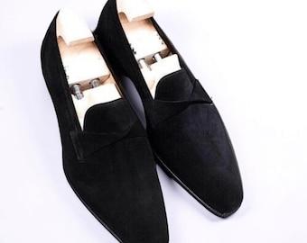 Handmade Mens Black Suede Moccasins, Men Black Suede Dress Shoes, Mens Shoes