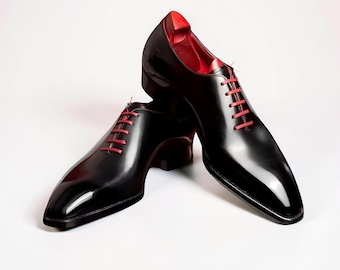 Handmade Men's Shoes Black Calf Leather Oxford Whole Cut Chisel Toe Lace up Shoe
