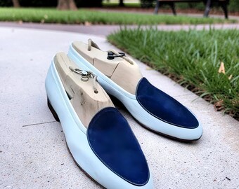 Handmade Men's Leather Loafers: White and Blue Slip-On Designer Shoes