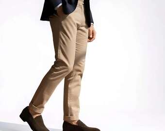 Handmade brown suede penny loafers for men.