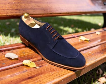 Handgemachte rahmengenähte blaue Wildleder Derby Schnürschuhe Büro Kleid formelle Schuhe