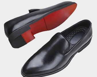 Handmade Black Leather Loafers: Red Bottom Sole Inspired Design