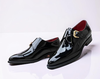 Black Patent Leather Monk Strap Shoes – Handmade Formal Dress, Red Sole