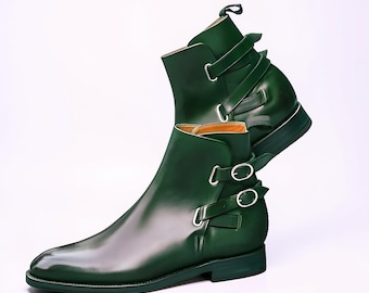 Handmade Men's Leather Green Burnished Toe High Ankle Rounded Double Boots