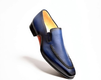 Handmade Mens Genuine Blue Leather Slip On Oxford Formal Loafers, Dress Shoes