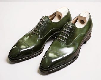 Handmade Bespoke Men's Green Color Pure Calf Leather Cap Toe Oxford Derby Shoes