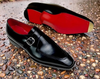 Christian louboutin Genuine Black Leather Business monk strap red sole Mens's Party Shoe